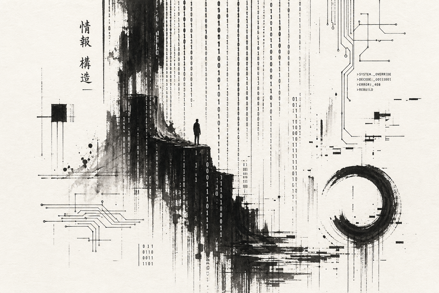 Hand-drawn ink illustration of cascading binary code and circuit patterns